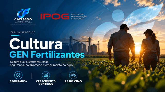 Arte de abertura do treinamento de Cultura da GEN Fertilizantes: segurança, crescimento contínuo e pé no chão