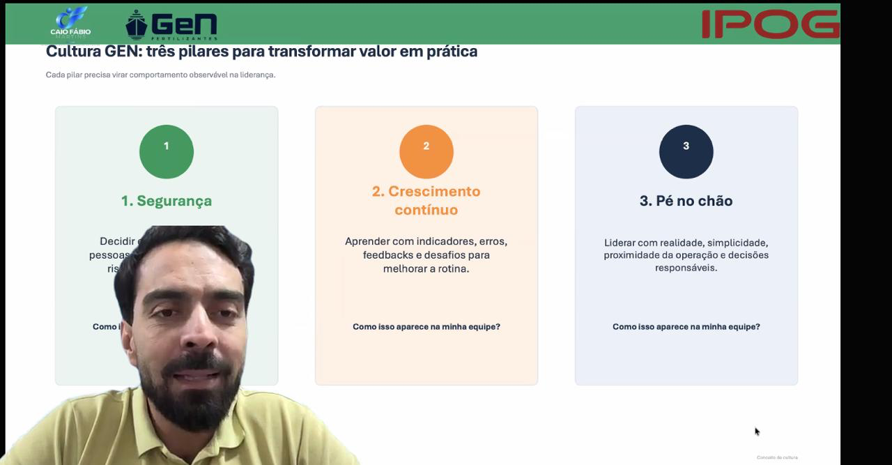 Tela do treinamento apresenta os três pilares da cultura GEN: segurança, crescimento contínuo e pé no chão